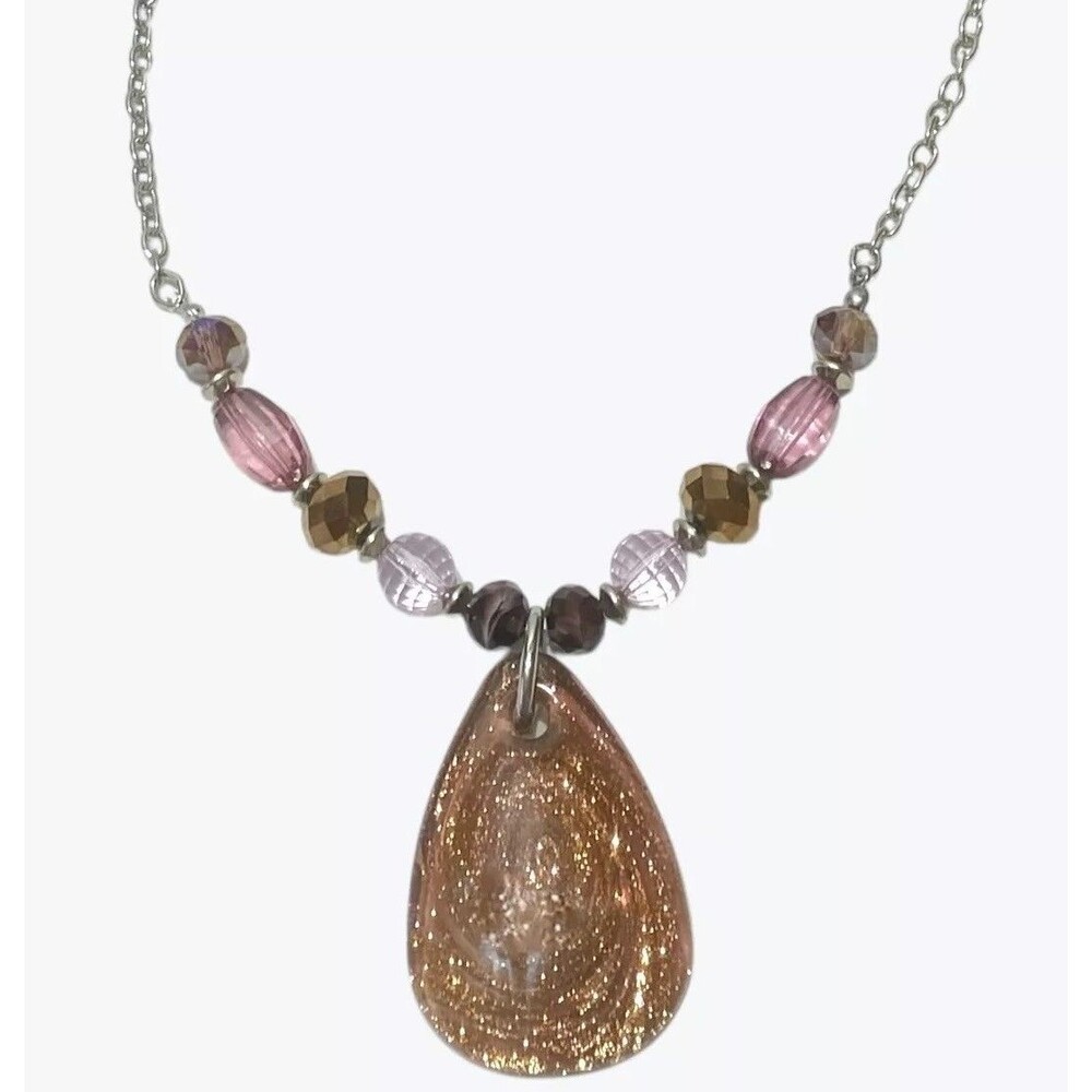 Art Glass Pendant Necklace Copper Aventurine Glitter Teardrop Crystal Beads